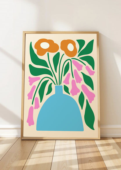 Cuadro Decorativo Trendy, Flores Naranja Jarrón Celeste