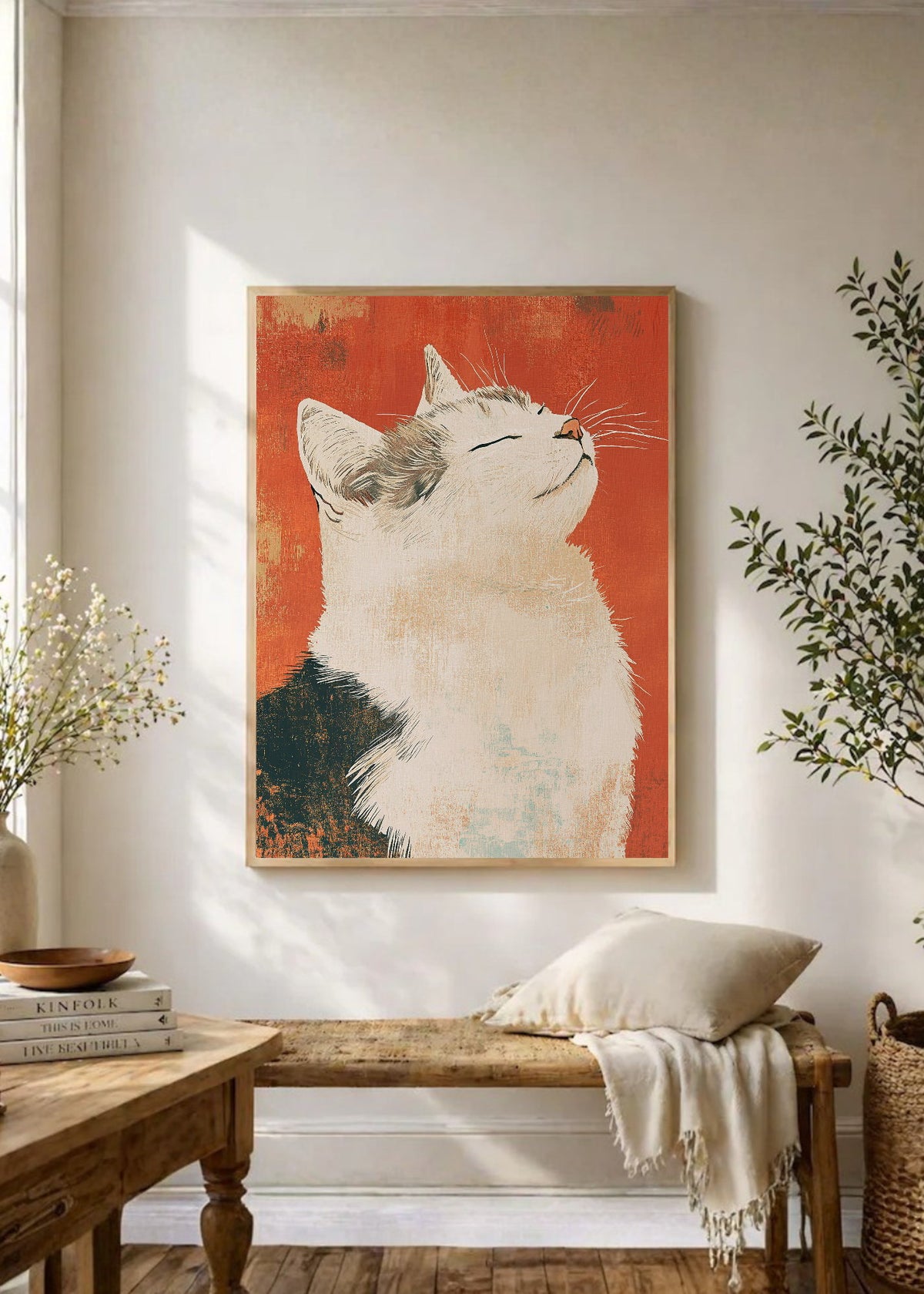 Cuadro Decorativo Trendy, Gato Blanco Fondo Terracota
