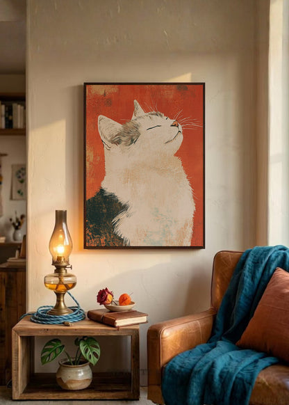 Cuadro Decorativo Trendy, Gato Blanco Fondo Terracota