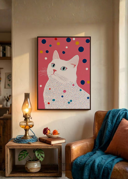 Cuadro Decorativo Trendy, Gato Blanco Lunares Rosa