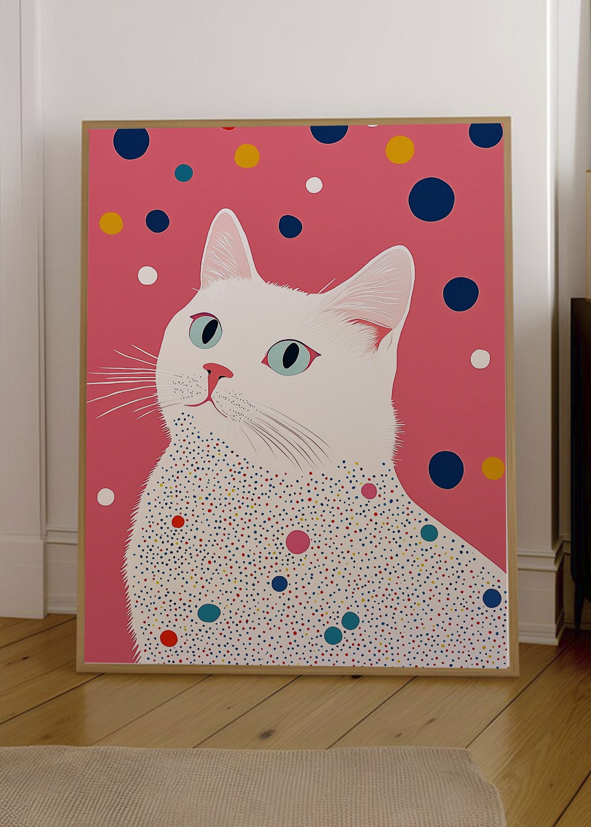 Cuadro Decorativo Trendy, Gato Blanco Lunares Rosa