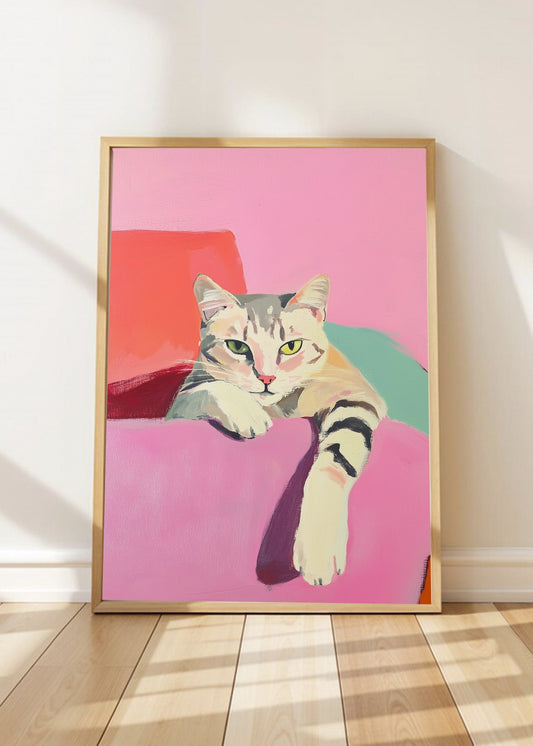 Cuadro Decorativo Trendy, Gato Gris Sillon Rosa