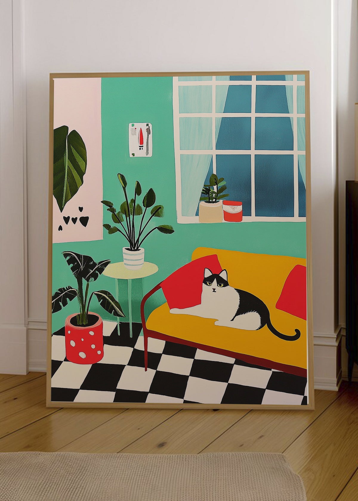 Cuadro Decorativo Trendy, Gato Living Damero Menta