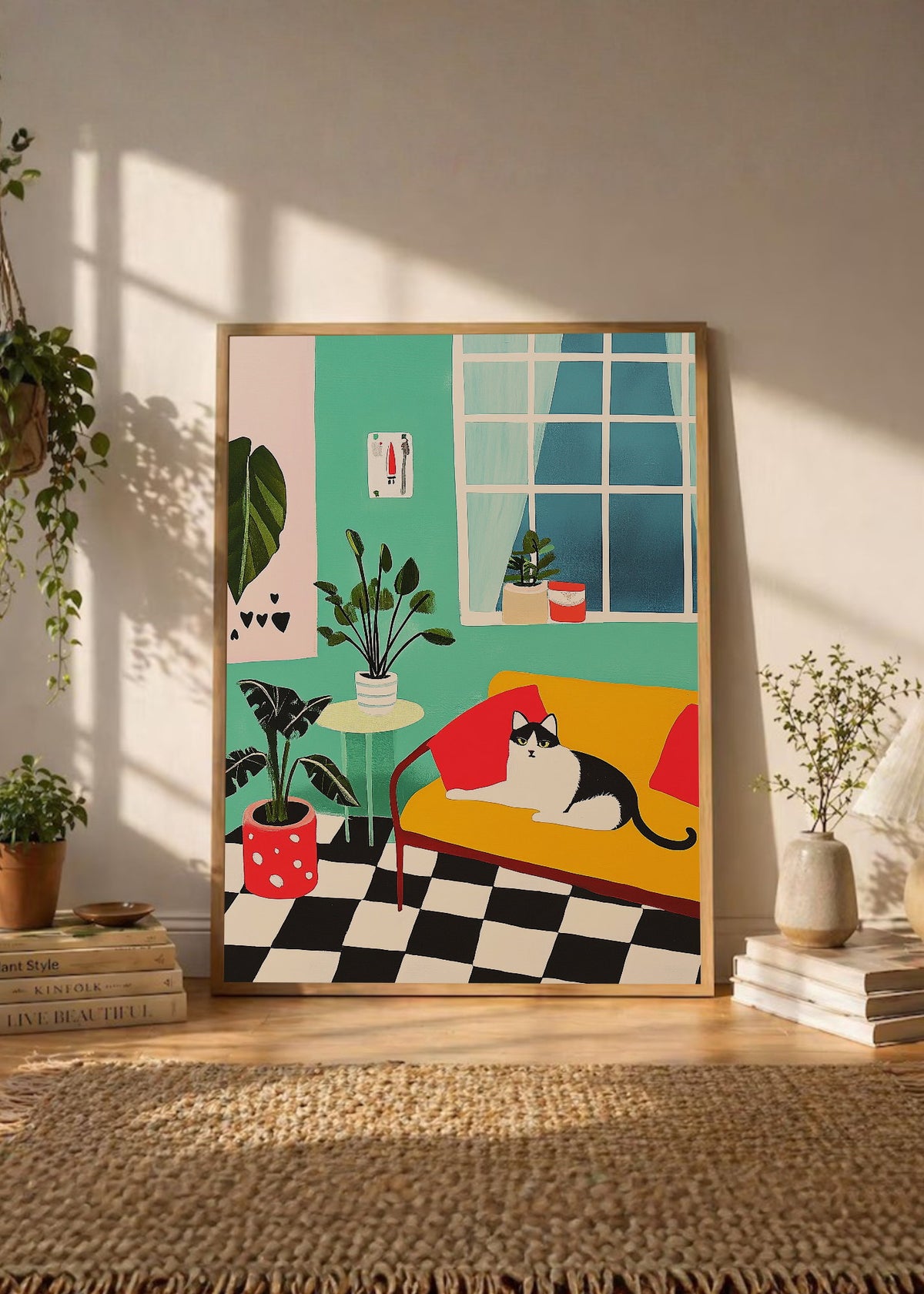 Cuadro Decorativo Trendy, Gato Living Damero Menta