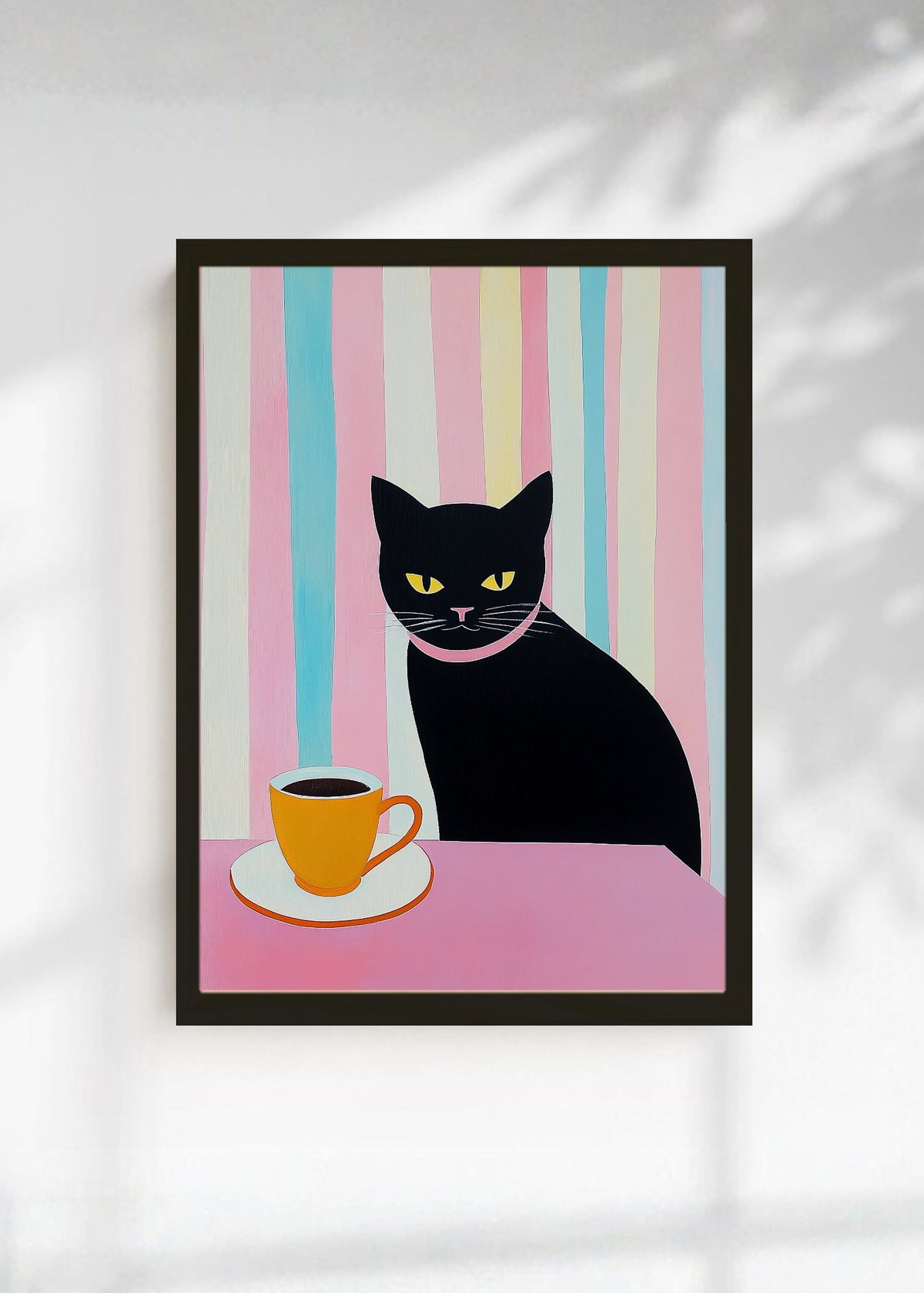 Cuadro Decorativo Trendy, Gato Negro Café Rayas Pastel