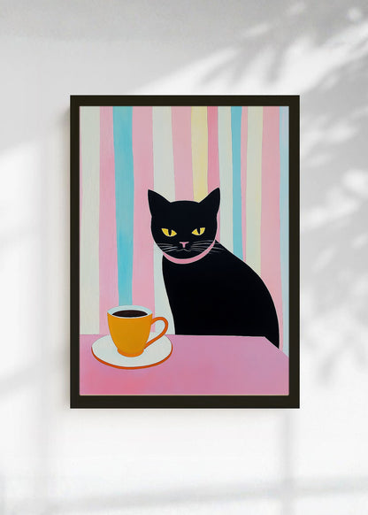 Cuadro Decorativo Trendy, Gato Negro Café Rayas Pastel