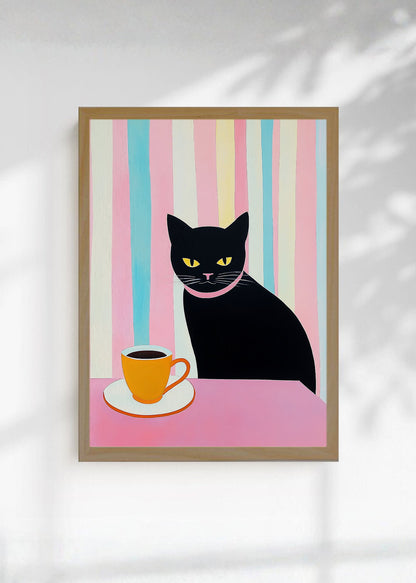 Cuadro Decorativo Trendy, Gato Negro Café Rayas Pastel