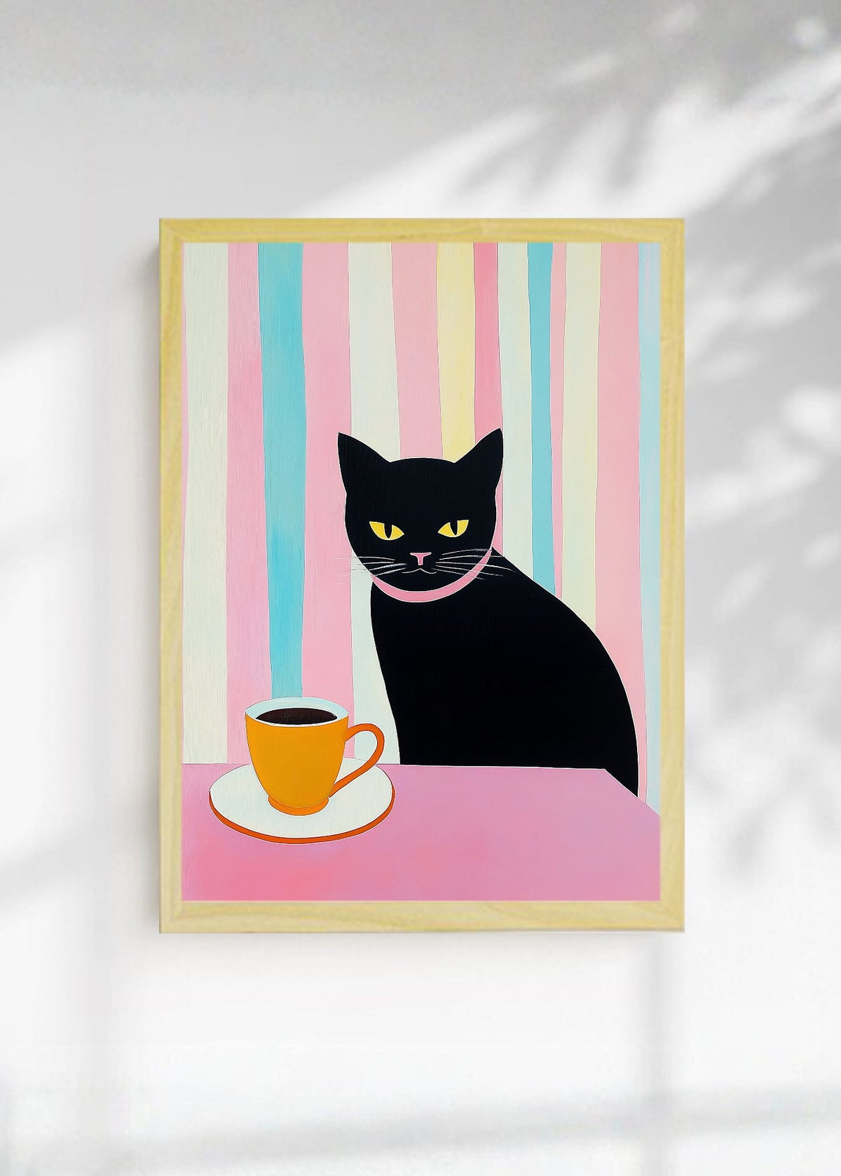 Cuadro Decorativo Trendy, Gato Negro Café Rayas Pastel