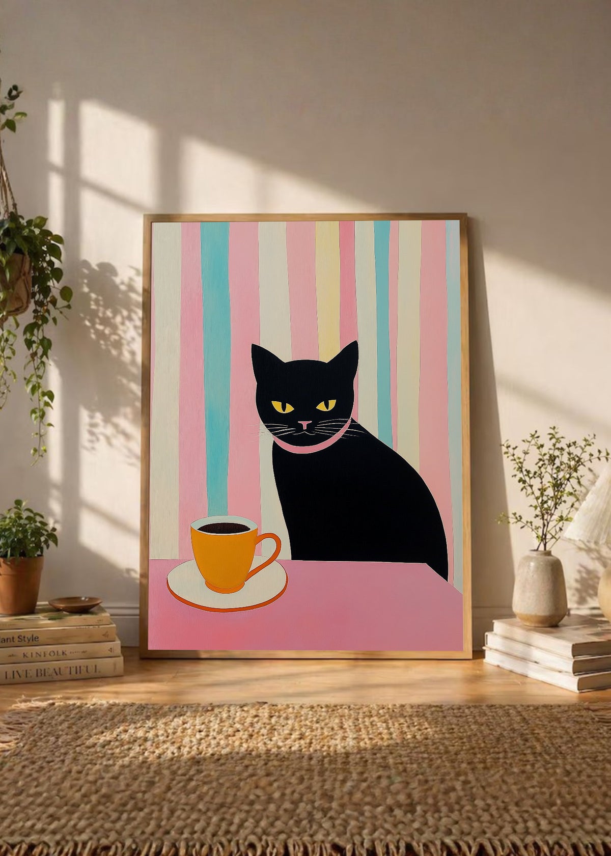 Cuadro Decorativo Trendy, Gato Negro Café Rayas Pastel
