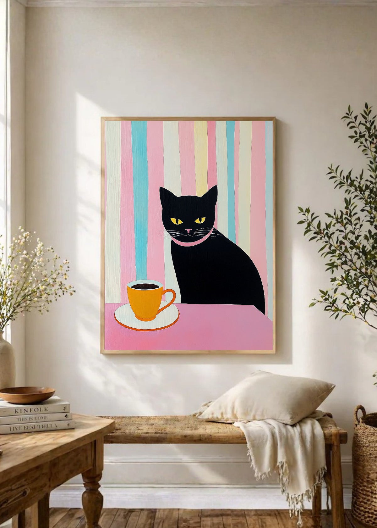 Cuadro Decorativo Trendy, Gato Negro Café Rayas Pastel