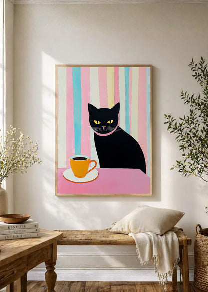 Cuadro Decorativo Trendy, Gato Negro Café Rayas Pastel