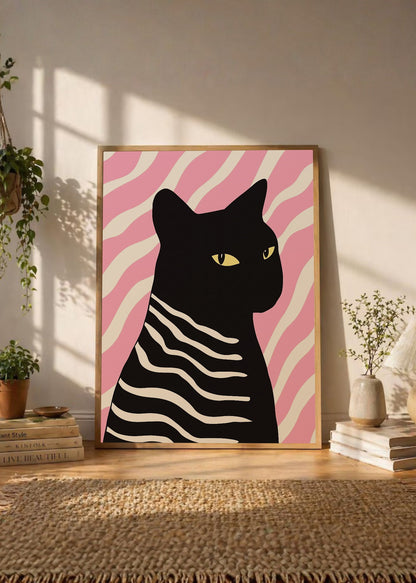 Cuadro Decorativo Trendy, Gato Negro Rayas Rosa