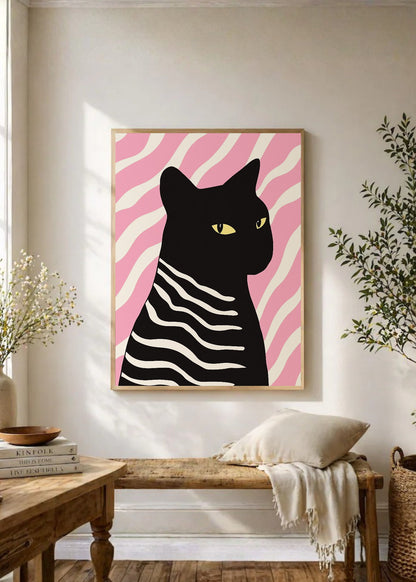 Cuadro Decorativo Trendy, Gato Negro Rayas Rosa
