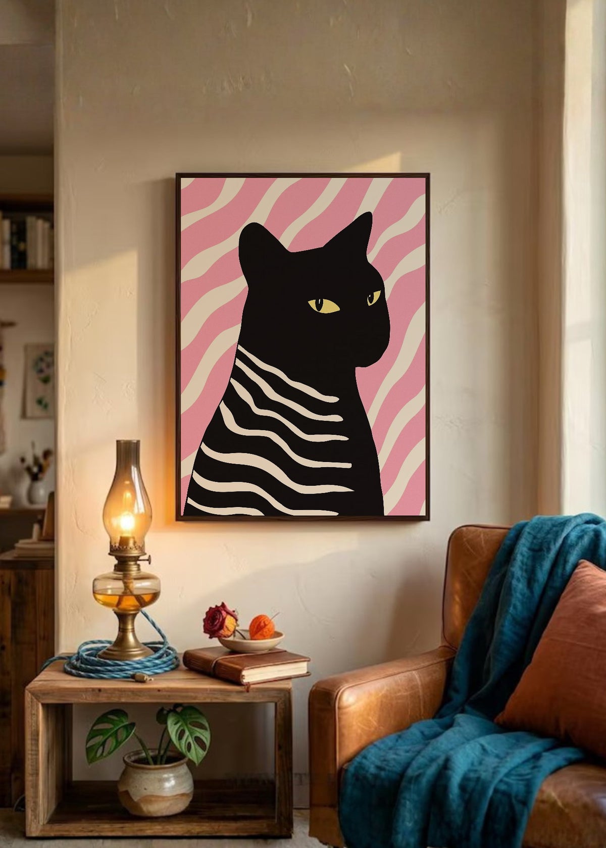 Cuadro Decorativo Trendy, Gato Negro Rayas Rosa