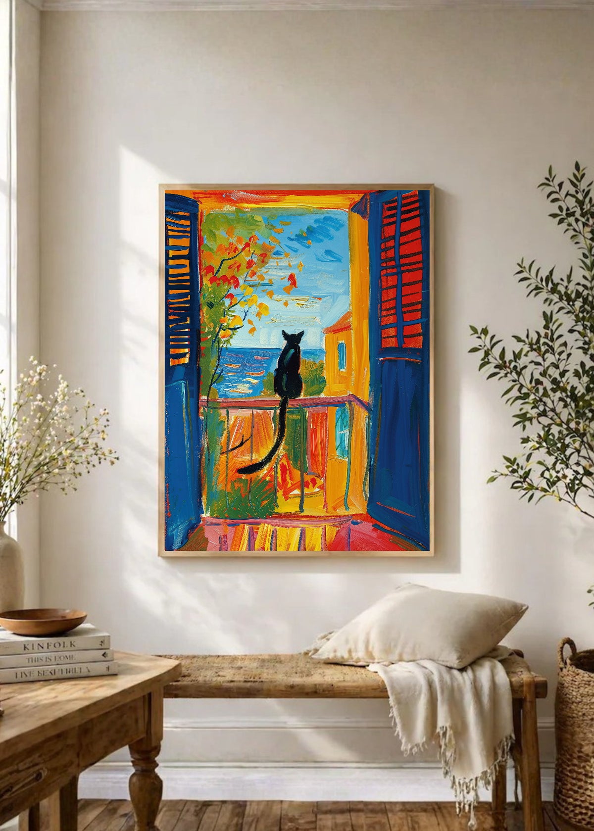Cuadro Decorativo Trendy, Gato Negro Ventana Mar