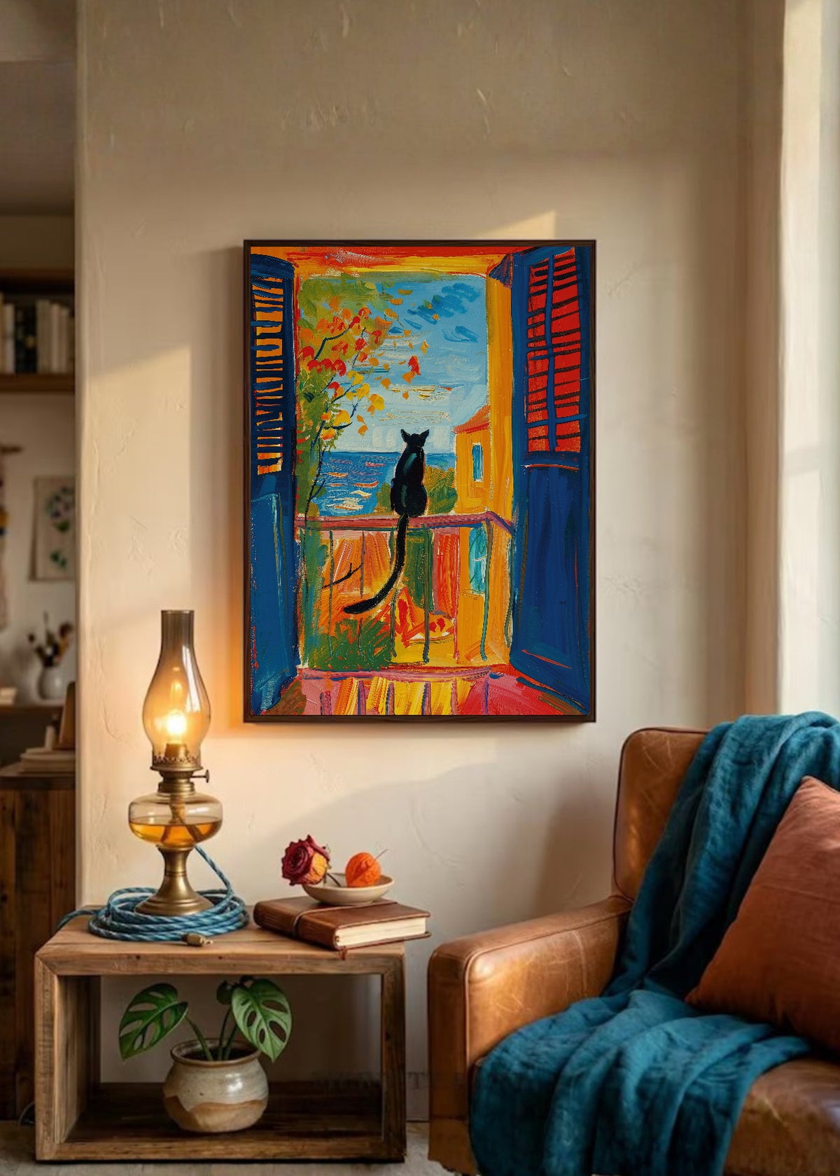 Cuadro Decorativo Trendy, Gato Negro Ventana Mar
