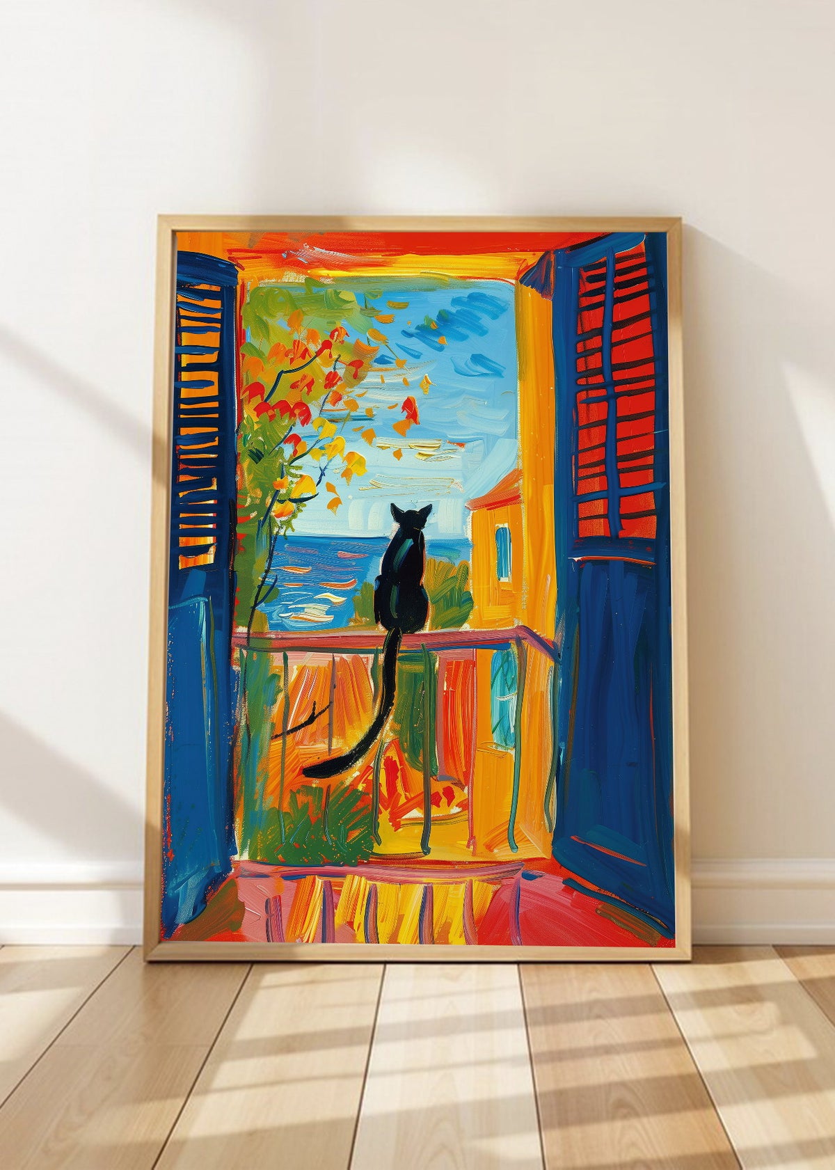 Cuadro Decorativo Trendy, Gato Negro Ventana Mar