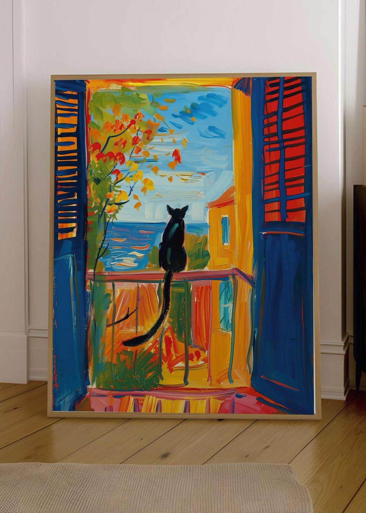 Cuadro Decorativo Trendy, Gato Negro Ventana Mar