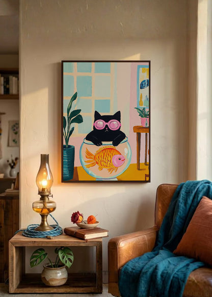 Cuadro Decorativo Trendy, Gato Pecera Lentes Rosa