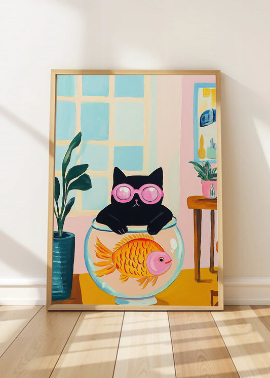 Cuadro Decorativo Trendy, Gato Pecera Lentes Rosa