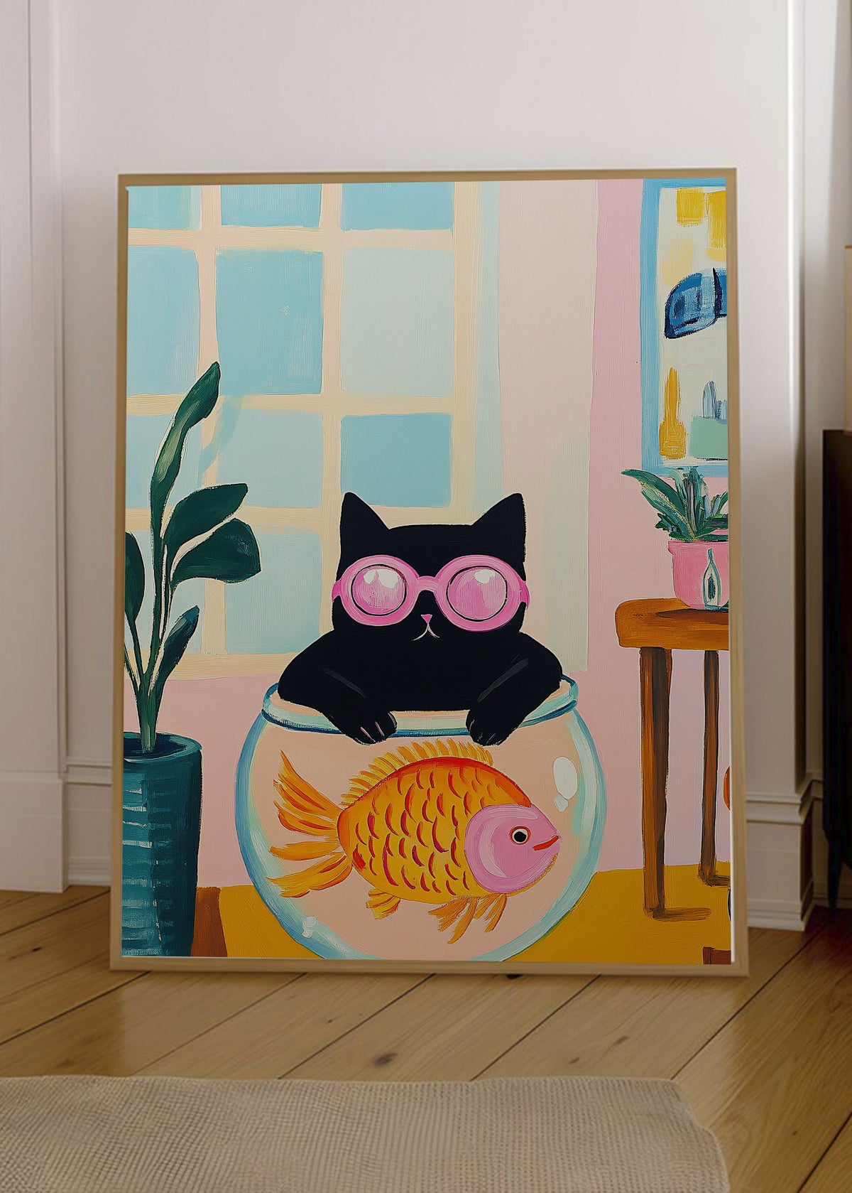 Cuadro Decorativo Trendy, Gato Pecera Lentes Rosa