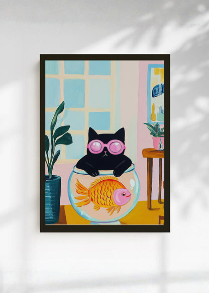 Cuadro Decorativo Trendy, Gato Pecera Lentes Rosa