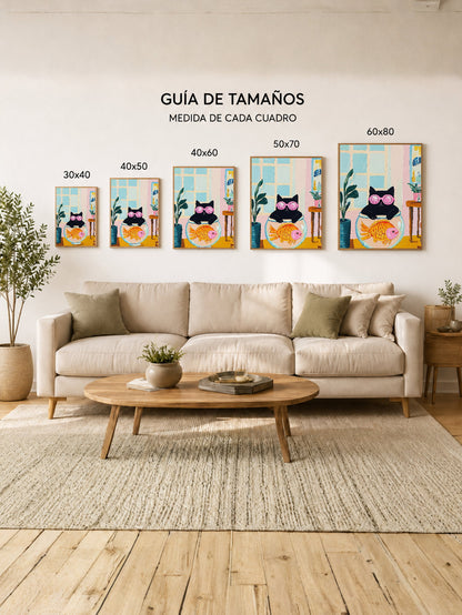 Cuadro Decorativo Trendy, Gato Pecera Lentes Rosa
