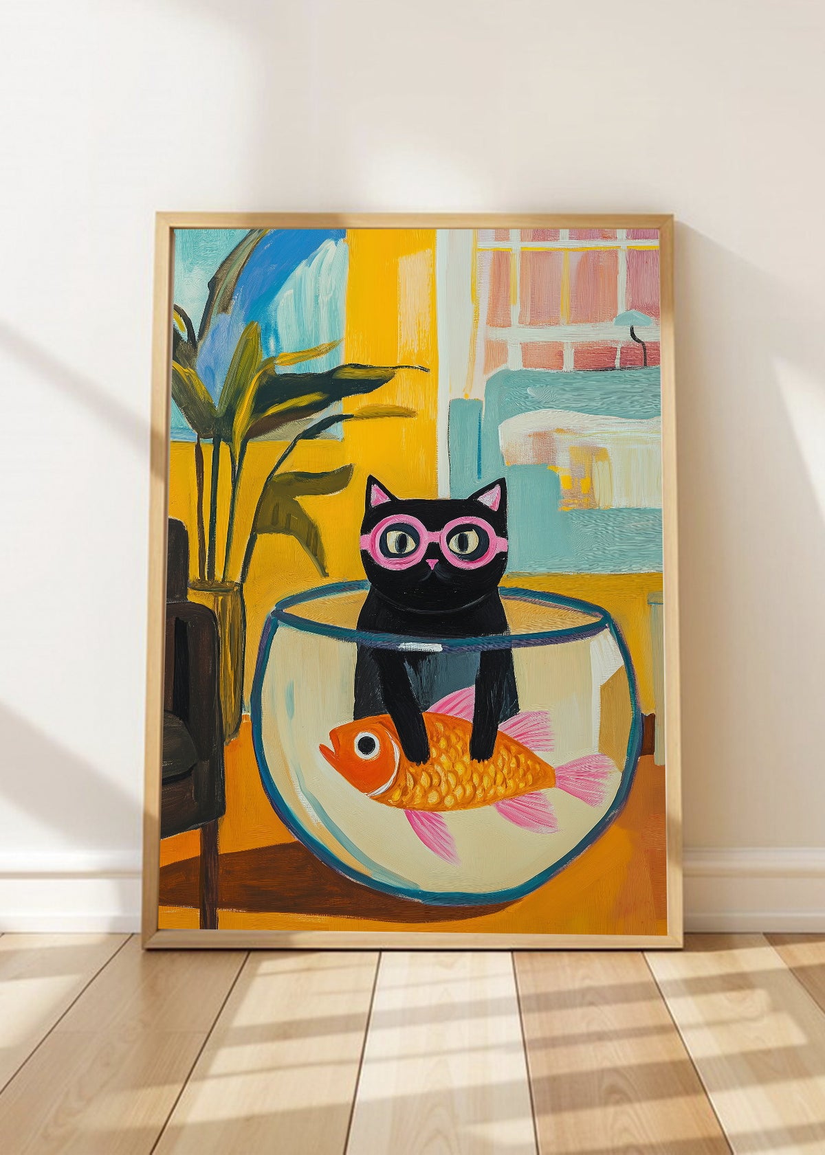 Cuadro Decorativo Trendy, Gato Pecera Lentes Violeta