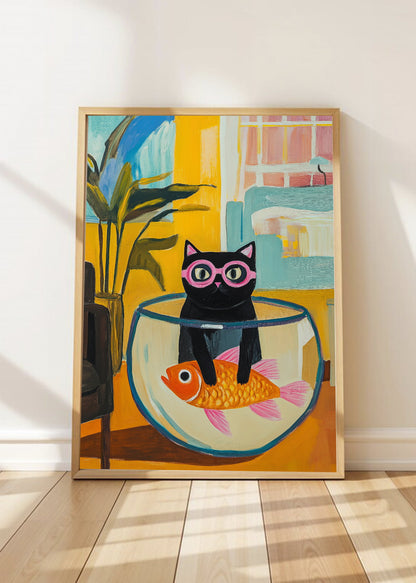 Cuadro Decorativo Trendy, Gato Pecera Lentes Violeta