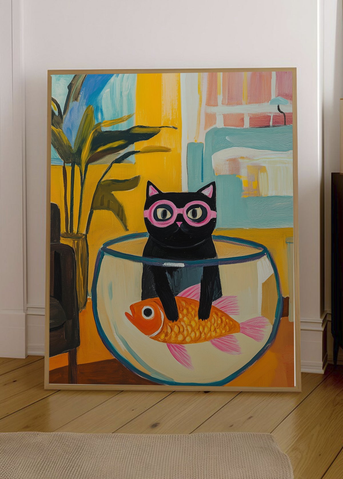 Cuadro Decorativo Trendy, Gato Pecera Lentes Violeta