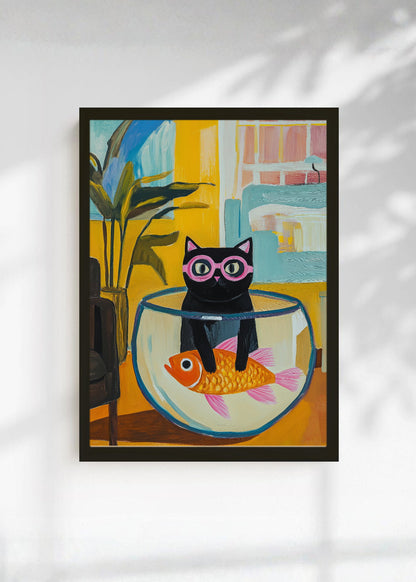 Cuadro Decorativo Trendy, Gato Pecera Lentes Violeta