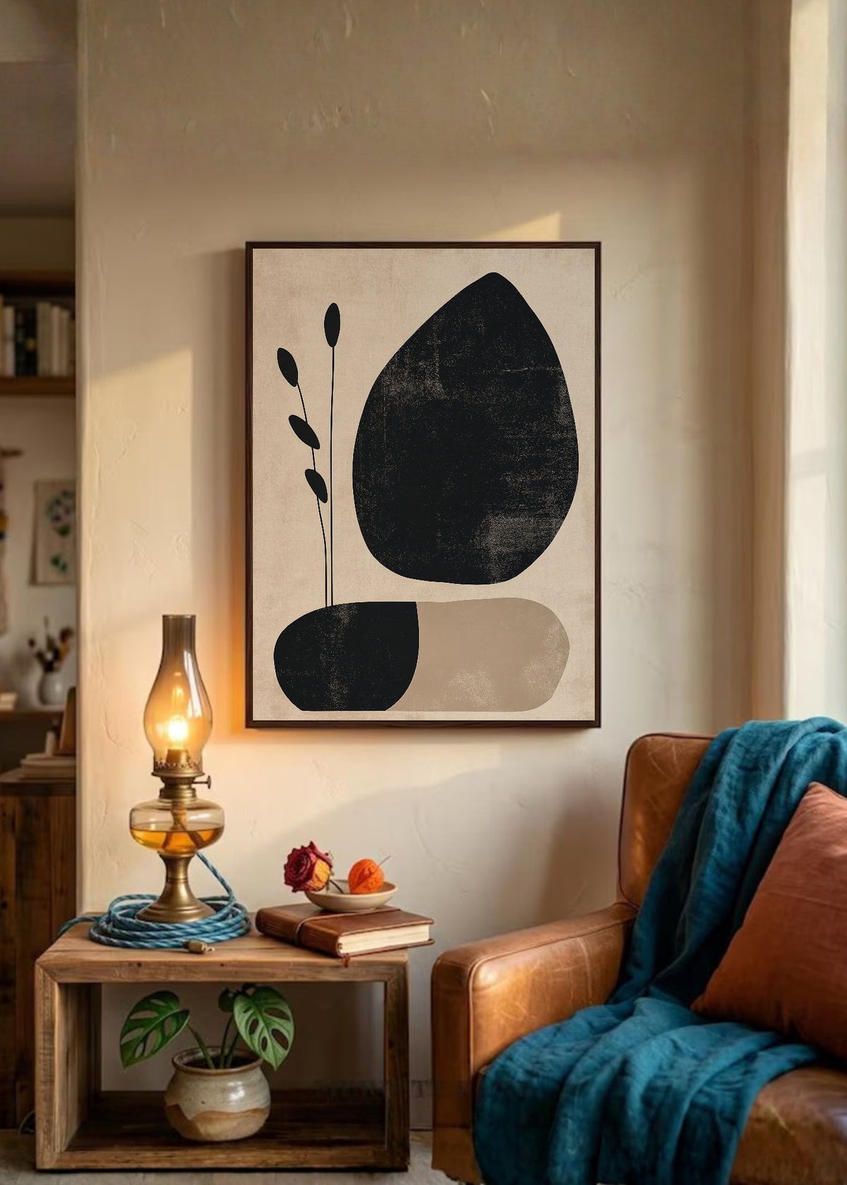 Cuadro Decorativo Trendy, Hoja Negra Beige Minimal