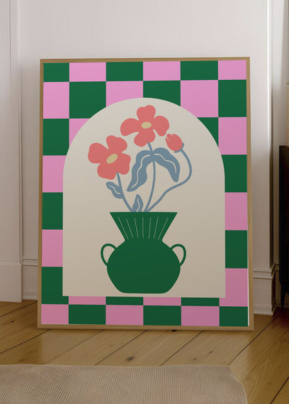 Cuadro Decorativo Trendy, Jarrón Verde Arco Ajedrez Rosa