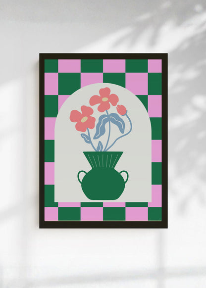 Cuadro Decorativo Trendy, Jarrón Verde Arco Ajedrez Rosa