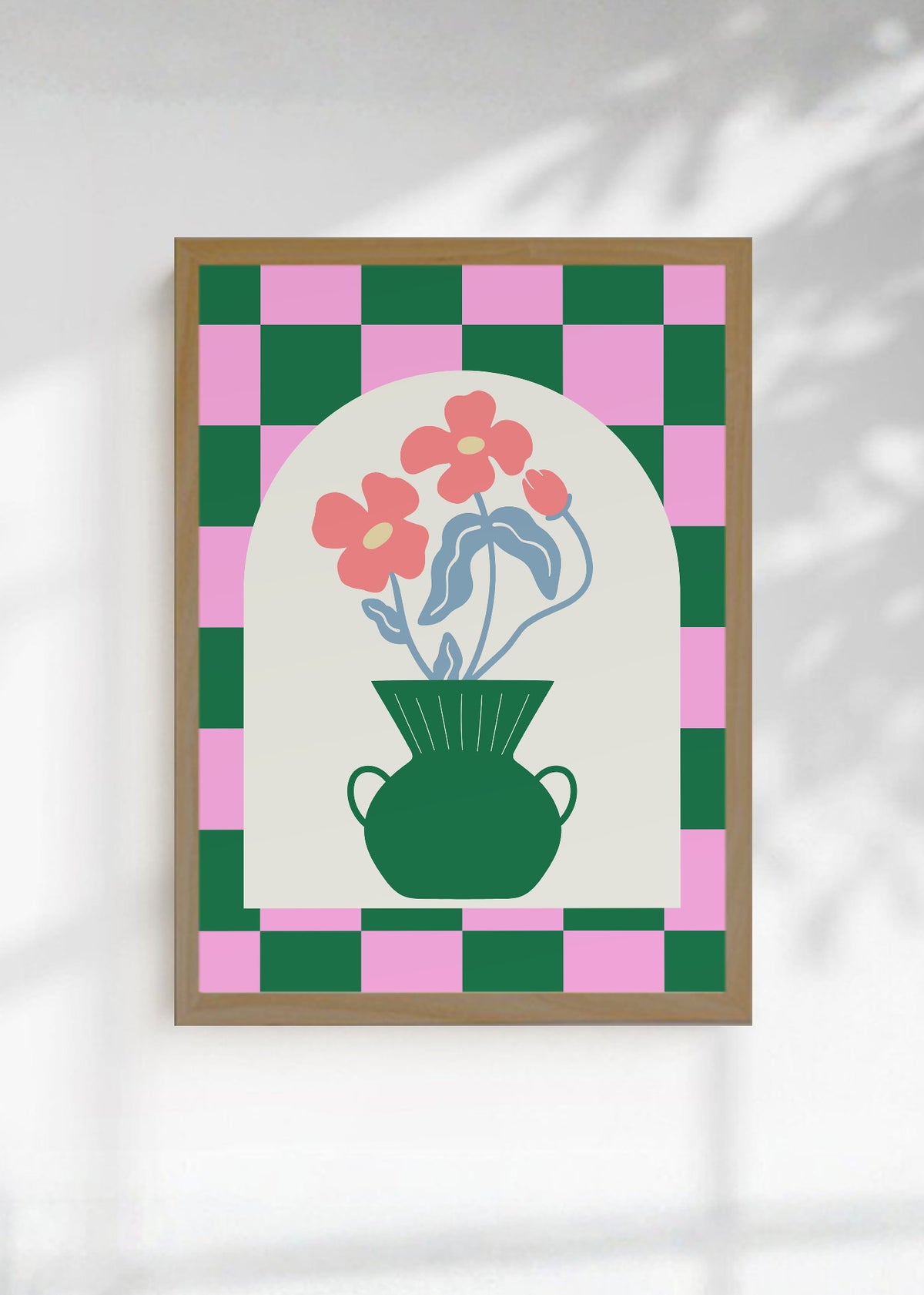 Cuadro Decorativo Trendy, Jarrón Verde Arco Ajedrez Rosa