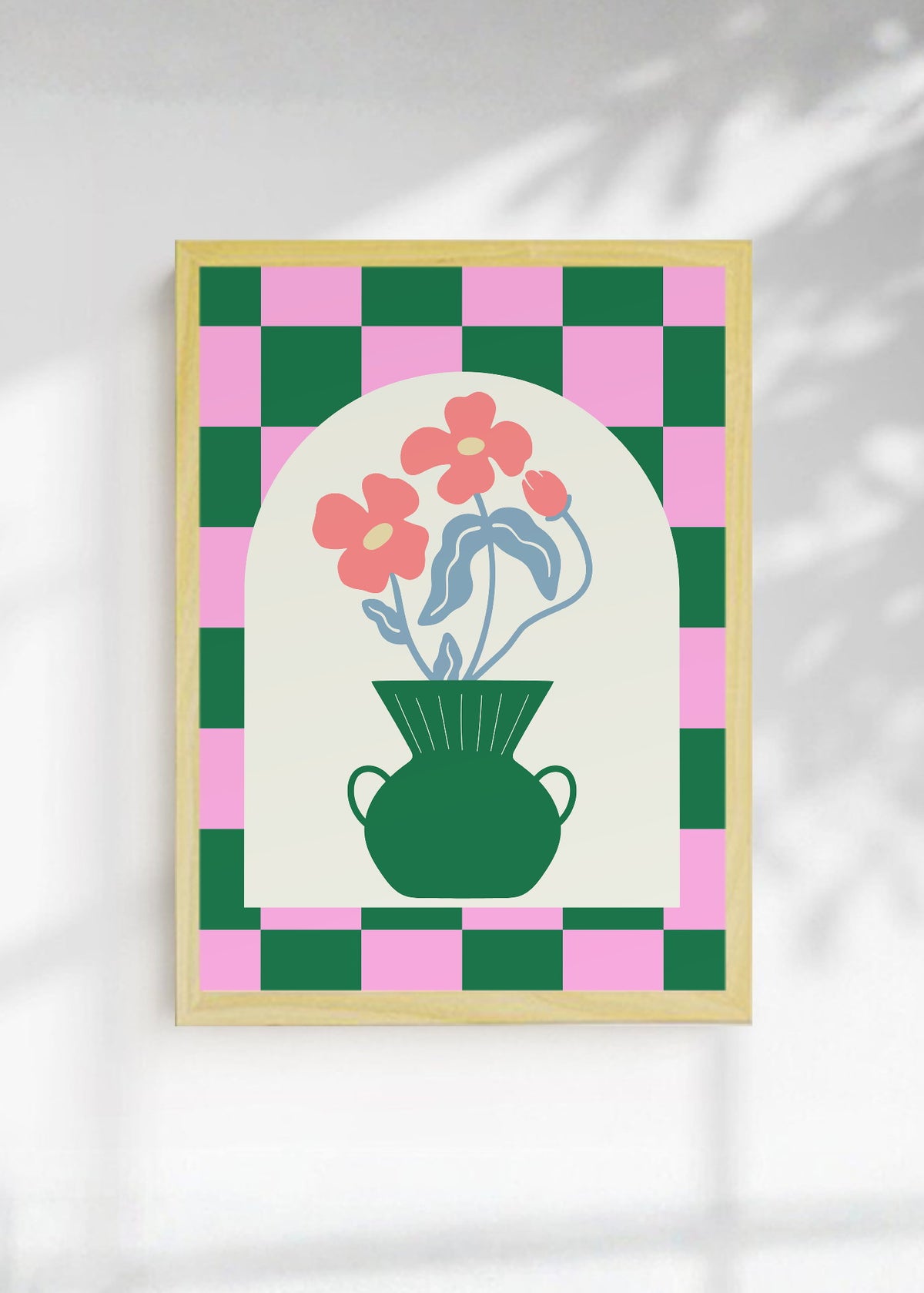Cuadro Decorativo Trendy, Jarrón Verde Arco Ajedrez Rosa