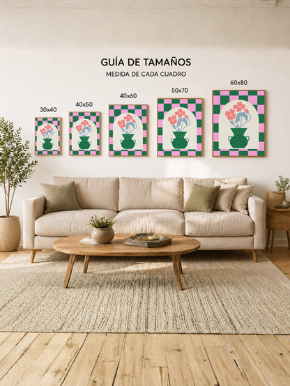 Cuadro Decorativo Trendy, Jarrón Verde Arco Ajedrez Rosa
