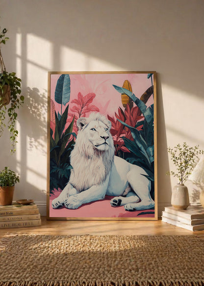 Cuadro Decorativo Trendy, Leon Blanco Hojas Rosa
