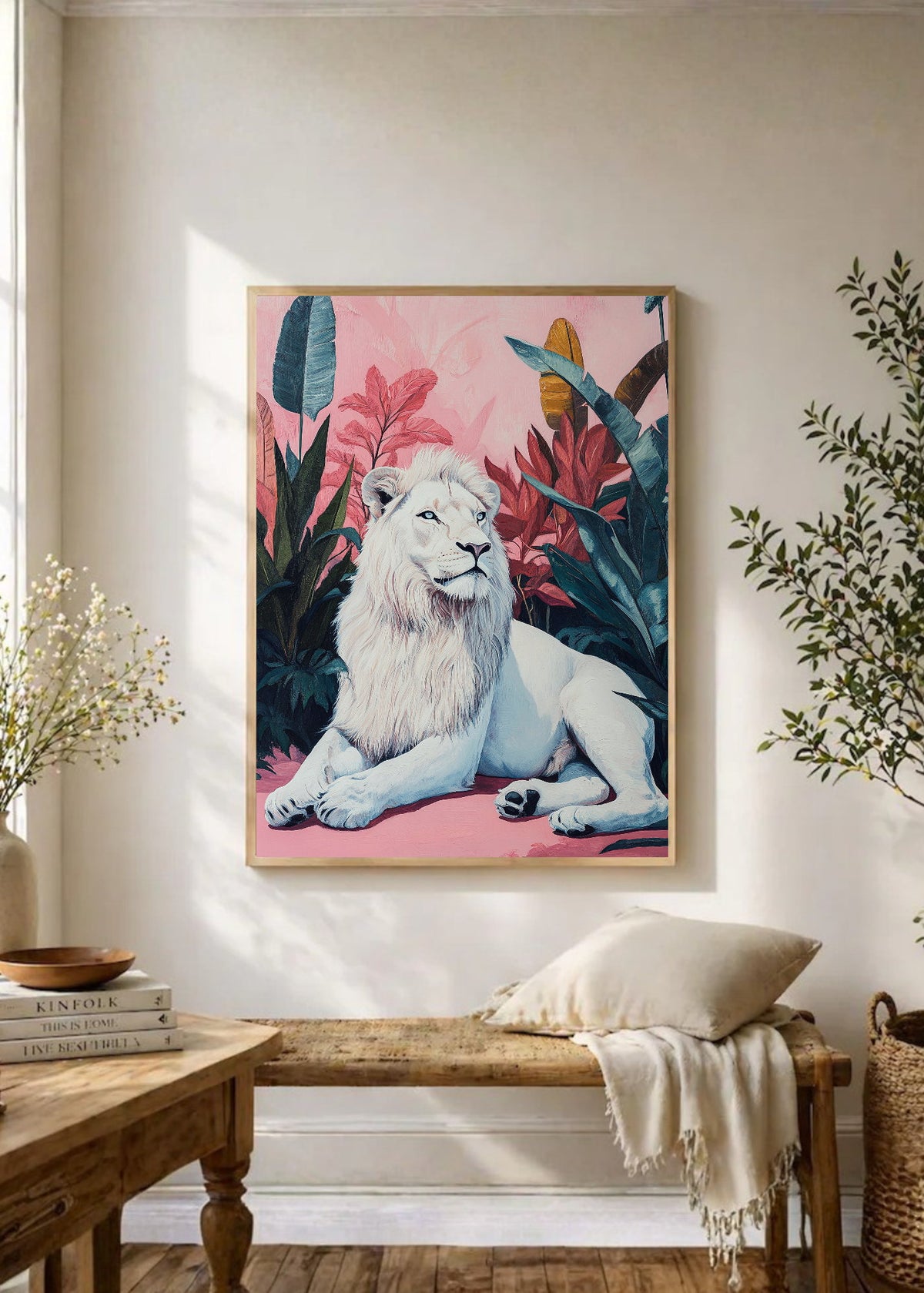 Cuadro Decorativo Trendy, Leon Blanco Hojas Rosa