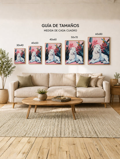 Cuadro Decorativo Trendy, Leon Blanco Hojas Rosa
