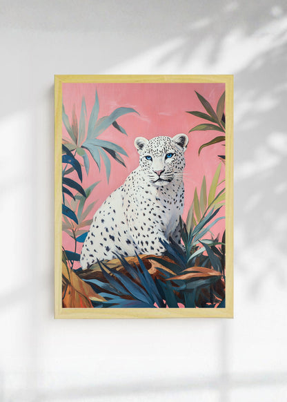 Cuadro Decorativo Trendy, Leopardo Blanco Hojas Rosa