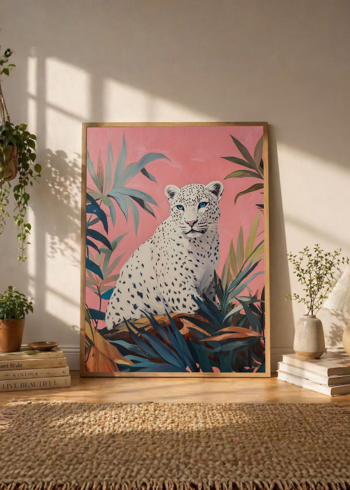Cuadro Decorativo Trendy, Leopardo Blanco Hojas Rosa