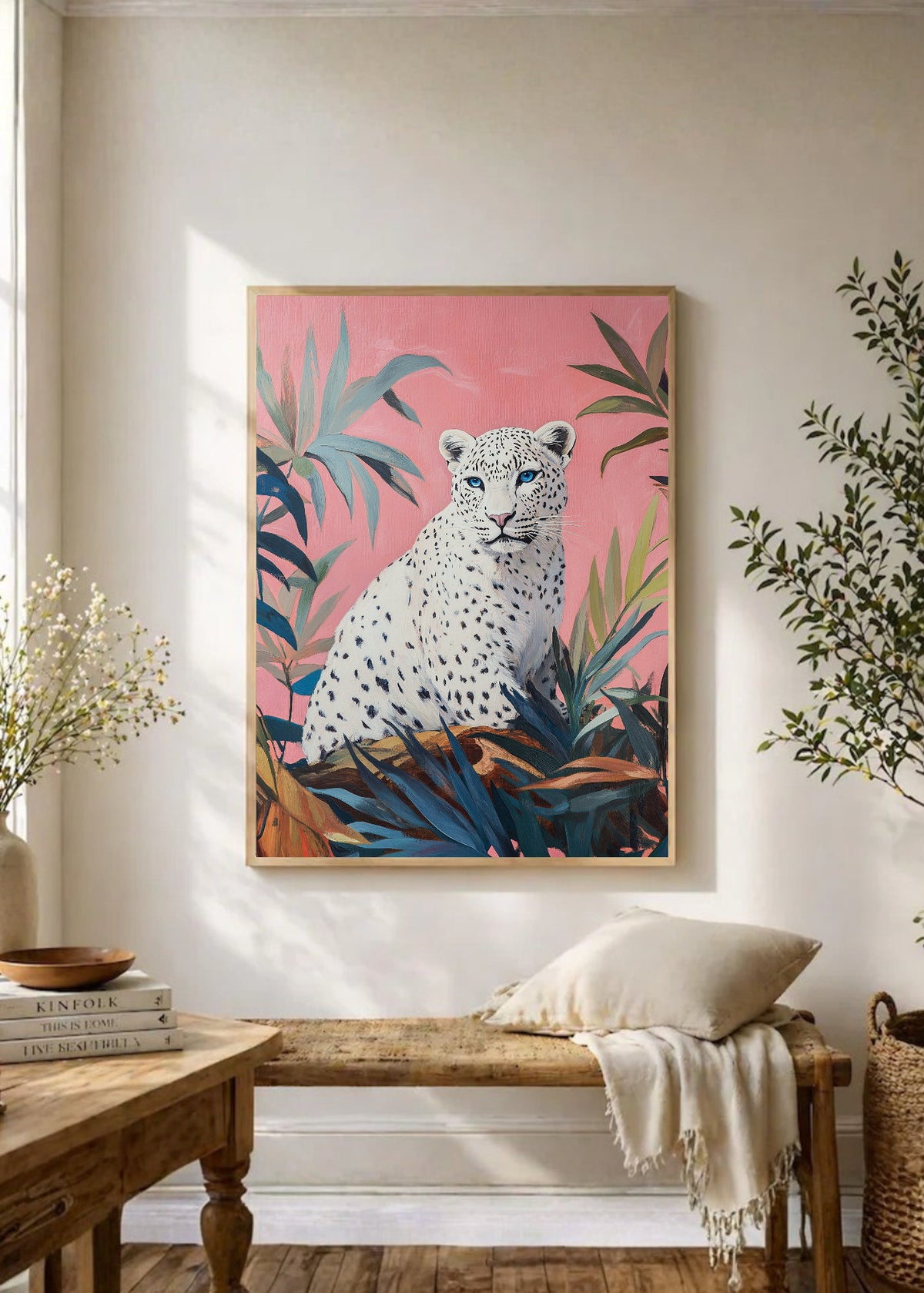 Cuadro Decorativo Trendy, Leopardo Blanco Hojas Rosa