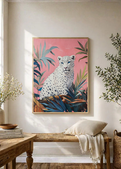 Cuadro Decorativo Trendy, Leopardo Blanco Hojas Rosa