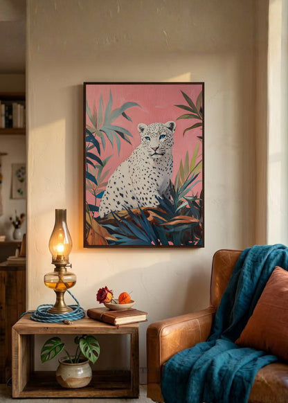 Cuadro Decorativo Trendy, Leopardo Blanco Hojas Rosa