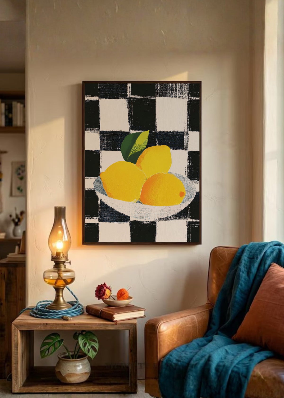 Cuadro Decorativo Trendy, Limones Plato Damero Negro