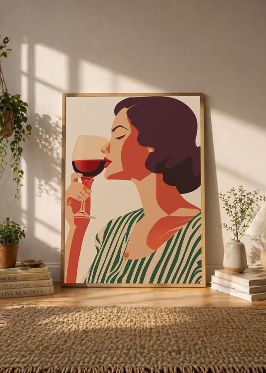 Cuadro Decorativo Trendy, Mujer Copa Vino Rayas Verde