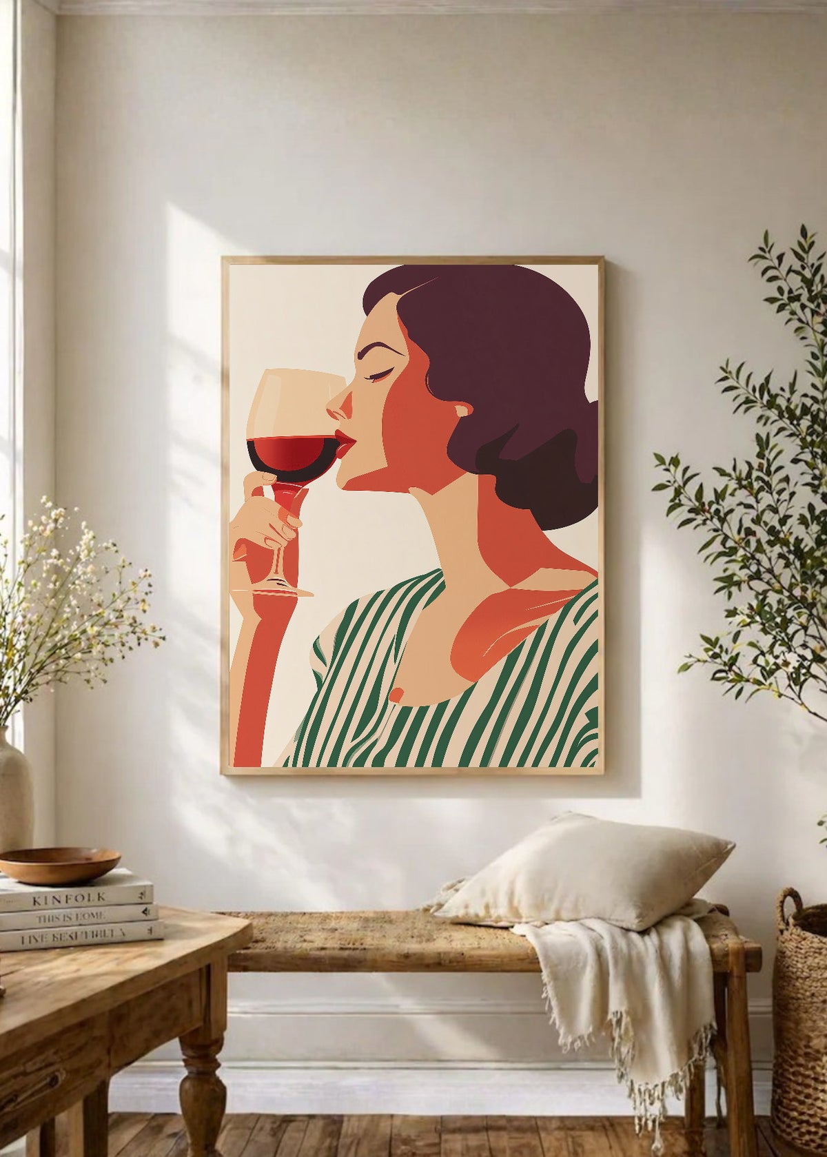 Cuadro Decorativo Trendy, Mujer Copa Vino Rayas Verde
