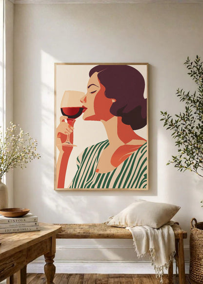 Cuadro Decorativo Trendy, Mujer Copa Vino Rayas Verde