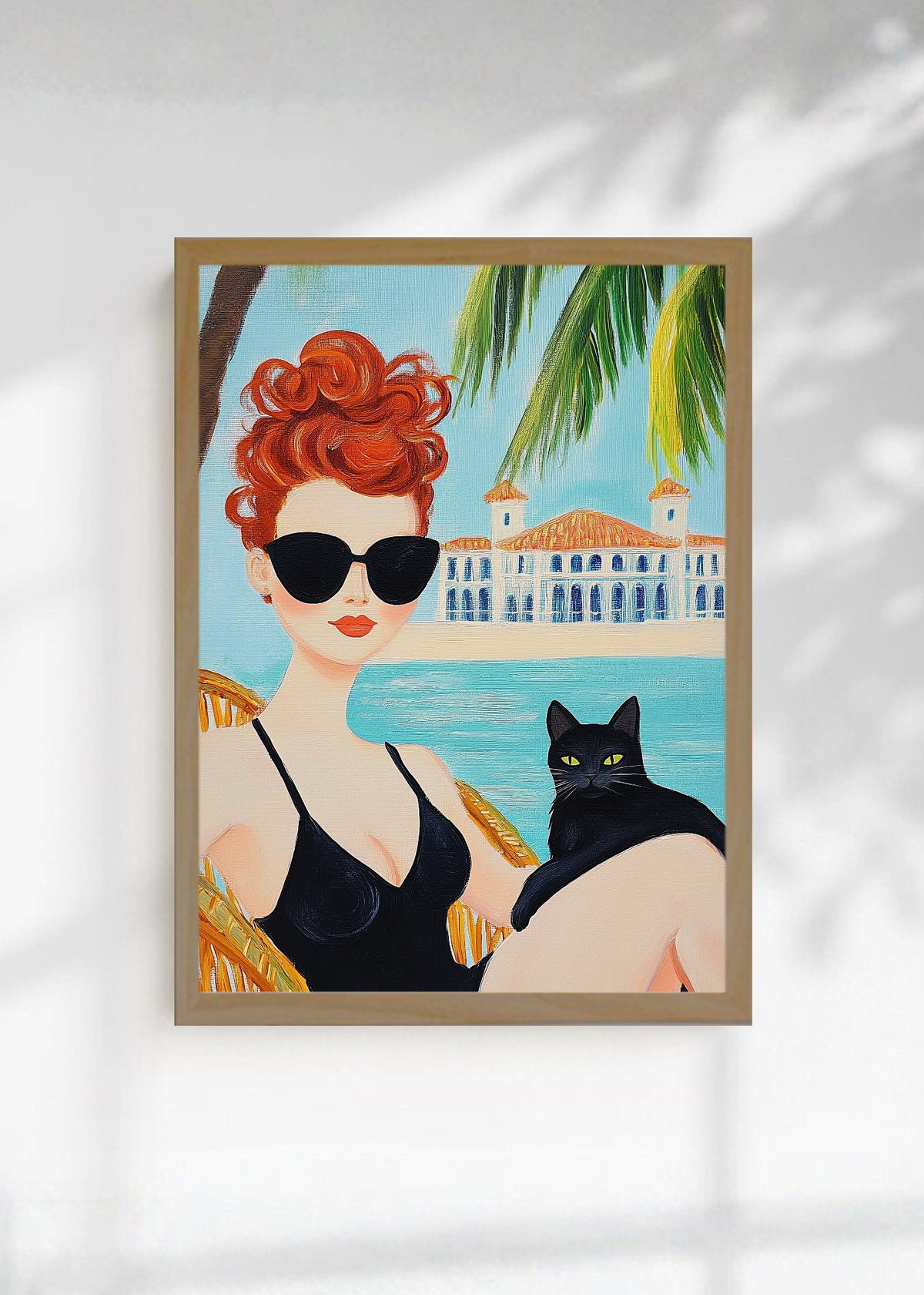 Cuadro Decorativo Trendy, Mujer Gato Negro Palmeras